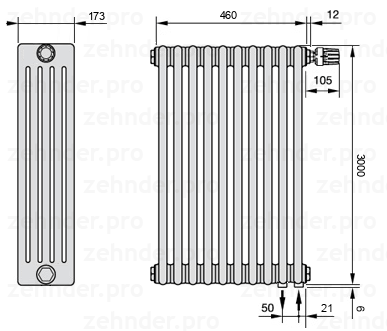 Схема (чертеж) Радиатор Zehnder Charleston 5300/10 №V002 Белый глянцевый RAL 9016